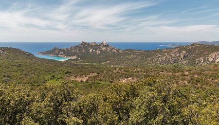 Landscape of Southern Corsica island coast, France. Genoese Tower Lion De Roccapina and beach.の写真素材