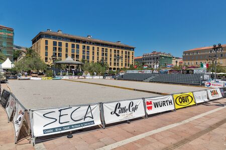 AJACCIO, CORSICA, FRANCE - JULY 13, 2019: Bocce ball Championship site on General de Gaulle square. It is a ball sport belonging to the boules family, closely to British bowls and French petanque.のeditorial素材
