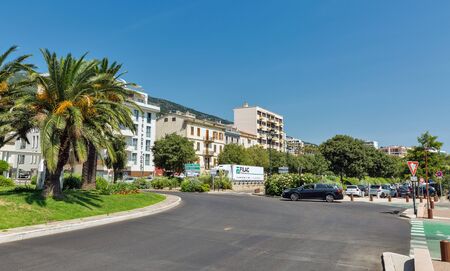 BASTIA, CORSICA, FRANCE - JULY 23, 2019: Pascal Lota avenue with palms. Bastia is the principal port of the island and its principal commercial town with second highest population after Ajaccio.のeditorial素材