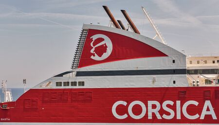 BASTIA, CORSICA, FRANCE - JULY 23, 2019: Pascal Paoli Corsica Lines ferry ship moored in port. The port of Bastia is the busiest French port on the Mediterranean Sea.のeditorial素材