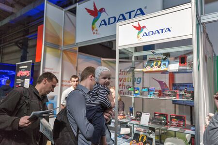 KYIV, UKRAINE - APRIL 06, 2019: People visit ADATA, a Taiwanese digital memory and storage...
