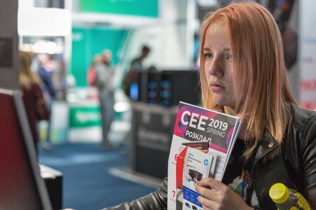 KYIV, UKRAINE - APRIL 06, 2019: People visit CEE 2019, the largest electronics trade show of Ukraine...