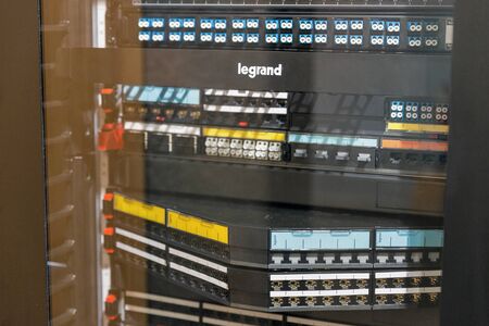 KYIV, UKRAINE - APRIL 06, 2019: Legrand, a French producer of hardware for electrical installations, server closeup at booth during CEE 2019, largest electronics trade show of Ukraine in Tetra Pack ECのeditorial素材