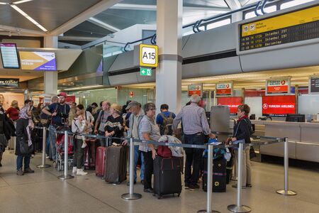 BERLIN, GERMANY - OCTOBER 18, 2019: Passengers check in with luggage for flight to Istanbul at the...