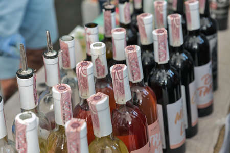 KYIV, UKRAINE - MAY 19, 2018: Ukrainian wine booth during Food and Wine Festival in National Expocenter, a permanent multi-purpose exhibition complex.のeditorial素材