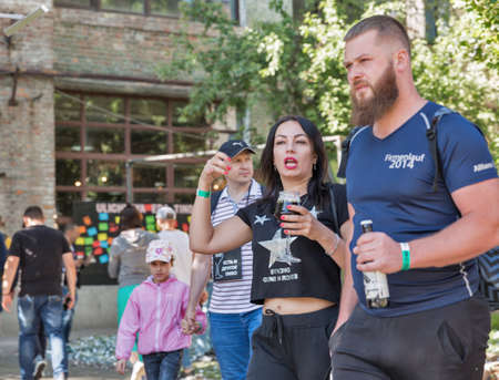 KYIV, UKRAINE - MAY 20, 2018: People visit craft Kyiv Beer Festival vol. 3 in Art Zavod Platforma....