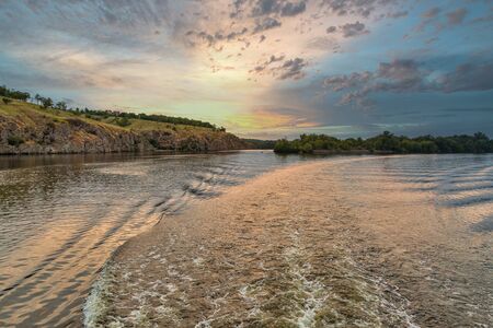 Dnieper river and Khortytsia island summer landscape, Ukraine. Khortytsia is the largest island in...