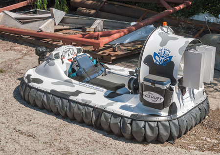 KYIV, UKRAINE - JUNE 05, 2015: Hovercraft or air-cushion vehicle or ACV at IBYS, International Boat and Yacht Show with the latest technologies for sailing in Chervona Kalyna yacht-club.のeditorial素材