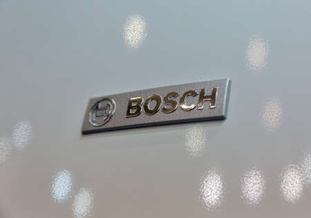 KYIV, UKRAINE - MAY 19, 2016: Boshb logo closeup at Aqua Therm exhibition of energy efficient heating, ventilation, air conditioning, water supply, renewable energy, plumbing and swimming pools.のeditorial素材