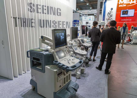 KYIV, UKRAINE - APRIL 20, 2016: Toshiba high-quality ultrasound apparatus and medical equipment booth during VII International Medical Forum.のeditorial素材