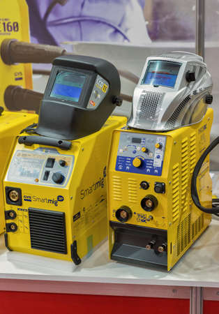 KYIV, UKRAINE - MAY 19,2016: Welding MIG machine Gys Smartmig closeup at Aqua Therm exhibition of energy efficient heating, ventilation, air conditioning, water supply, renewable energy and plumbing.のeditorial素材