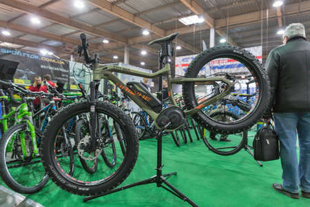 KYIV, UKRAINE - FEBRUARY 26, 2016: Haibike fatbike trade German manufacturer booth during International Bicycle Exhibition VELOBIKE 2016 in KyivExpoPlaza Exhibition Center.のeditorial素材