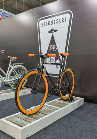 KIEV, UKRAINE - FEBRUARY 26, 2016: Streetster urban bicycle manufacturer trade booth during...