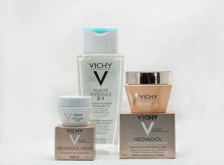 KYIV, UKRAINE - OCTOBER 27, 2019: Vichy laboratoires cosmetics closeup against white background. Vichy is a premium brand of skincare, bodycare, make-up and anti-aging products owned by L'Oreal.のeditorial素材