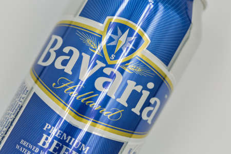 KYIV, UKRAINE - MAY 19, 2020: Beer Bavaria can closeup against white bacground. Swinkels Family Brewers sells beer under several brand names, including Bavaria, Swinckels, La Trappe and Rodenbach.のeditorial素材