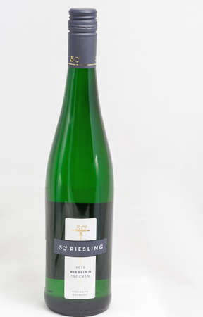 KIEV, UKRAINE - NOVEMBER 11, 2018: German 50 Riesling bottle closeup against white background. Rheingau region is one of the most important wine growing regions in Germany.のeditorial素材