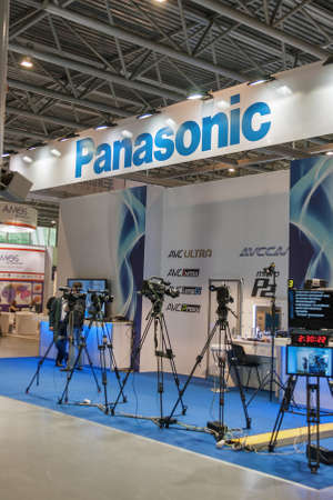 KYIV, UKRAINE - MAY 21, 2015: Panasonic professional video cameras booth on TV and Radio International Fair in ACCO International EC. It is the main annual business forum of media industry in Ukraine.のeditorial素材