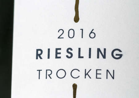 KIEV, UKRAINE - NOVEMBER 11, 2018: German 50 Riesling bottle label closeup. Rheingau region is one of the most important wine growing regions in Germany.のeditorial素材