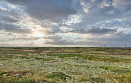 Dramatic landscape of sandbar between Black Sea and Sasyk or Kunduk lake close to Prymorske, Ukraine