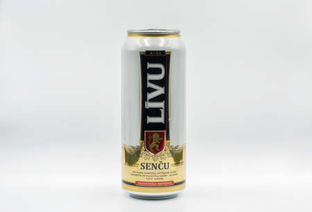 KYIV, UKRAINE - JULY 09, 2020: Livu Sencu Latvian light lager beer can closeup against white...