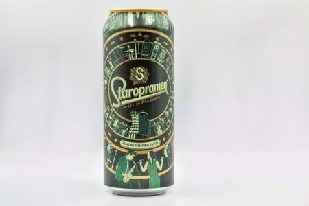 KYIV, UKRAINE - AUGUST 22, 2020: Studio shoot of Staropramen Czech beer can closeup against white bacground. The Czech Republic has the highest beer consumption per capita in the world.のeditorial素材