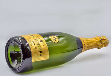 KYIV, UKRAINE - AUGUST 28, 2020: Spanish Pere Ventura classic cava brut bottle closeup against white background.のeditorial素材