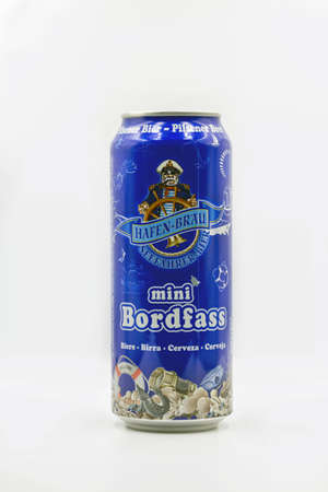 KYIV, UKRAINE - SEPTEMBER 14, 2020: German Mini Bordfass Pilsener by Hafen-Brau can closeup against white background.のeditorial素材