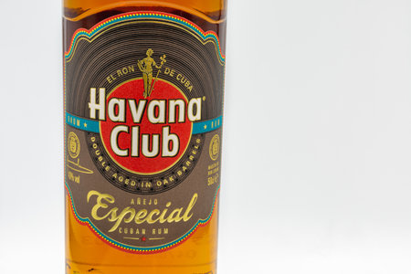 KYIV, UKRAINE - DECEMBER 16, 2020: Studio shoot of Havana Club Special Cuban rum bottle label closeup against white. Made in Santa Cruz del Norte, Cuba, the brand was established in 1878.のeditorial素材