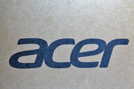 KIEV, UKRAINE - MARCH 02, 2021: Acer logo closeup on laptope cardboard box surface. Acer is a Taiwan...