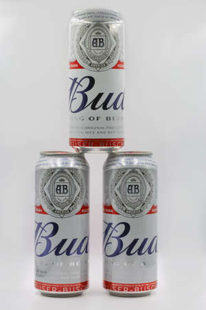 KYIV, UKRAINE - MARCH 27, 2021: Three Bud beer cans closeup against white background. Budweiser is...