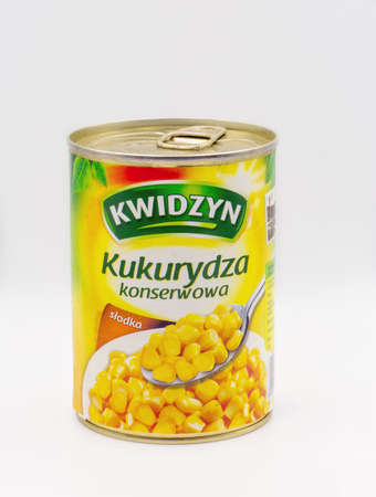 KYIV, UKRAINE - MARCH 27, 2021: Studio shoot of Polish Kwidzyn sweet corn can closeup against white backgroundのeditorial素材