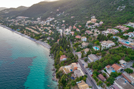 Aerial drone view over rocky coast in Mparmpati and Barbati Beach, east of Corfu island, Greece.の写真素材