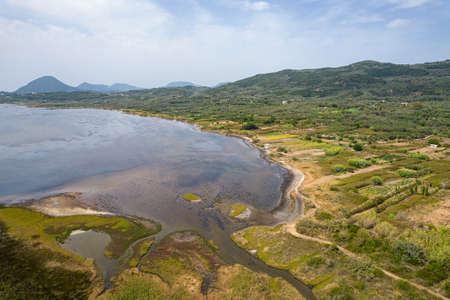 Aerial drone video over Lake Korission. Korission Lagoon is located in the southern part of Greek island of Corfu, Greece.の写真素材