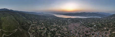 Panoramic aerial drone view over Polyphytos artificial Lake, Larissa, Greece.の写真素材
