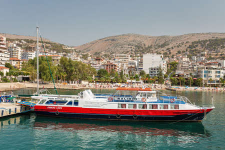 Saranda, Albania - July 30, 2021: Kaliopi by Finikas Lines passenger pleasure ship in harbour. Saranda is located on an open sea gulf of the Ionian Sea within the Mediterranean Sea.のeditorial素材