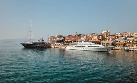 Saranda, Albania - July 30, 2021: Luxury yachts in passenger port. Saranda is located on an open sea gulf of the Ionian Sea within the Mediterranean Sea.のeditorial素材