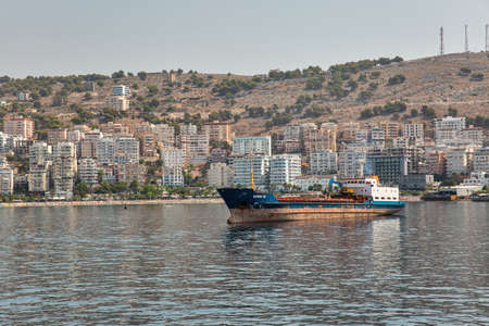 Saranda, Albania - July 30, 2021: Old industrial ship Edro IV in harbour. Saranda is located on an open sea gulf of the Ionian Sea within the Mediterranean Sea.のeditorial素材