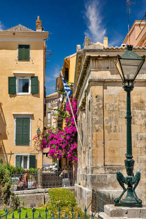Old narrow street with old buildings in Kerkyra on Corfu island, Greece.の写真素材