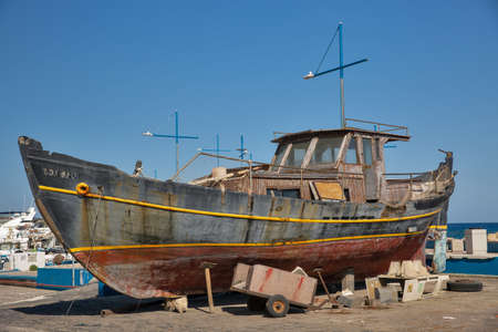 Ayia Napa, Cyprus - May 23, 2021: Old famous fishing boat Zorbas in seaport. Ayia Napa is a tourist...