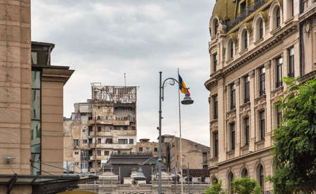 A dilapidated decay multi storey residential building in the very center of Bucharest, Romania.のeditorial素材