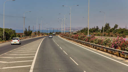 landscape highway road sign for the Larnaka city. Cyprus