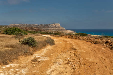 Seascape Cape Greco peninsula park, Cyprus. It is mountainous peninsula with a national park, rock paths, a turquoise lagoon and a natural stone bridge.の写真素材