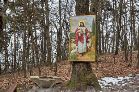 Velyki Berezhtsi, Ukraine - March 13, 2022: Religious picture on a tree in the forest in Kremenets Mountains National Nature Park Bozha Hora. It is the famous place where the Virgin appeared.のeditorial素材