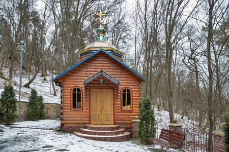 Wooden chapel in the forest. Kremenets Mountains National Nature Park Bozha Hora. It is the famous place where the Virgin appeared.の写真素材