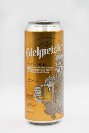 Kyiv, Ukraine - April 24, 2021: Edelmeister weissbier with clove and banana notes can closeup against white background. Made in Poland by Van Pur S.A.のeditorial素材