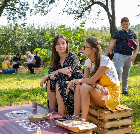 Kyiv, Ukraine - September 11, 2021: People visit Kartuli Fest Georgian Wine Party in National Exhibition Center.のeditorial素材