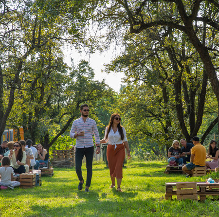 Kyiv, Ukraine - September 11, 2021: People visit Kartuli Fest Georgian Wine Party in National Exhibition Center.のeditorial素材