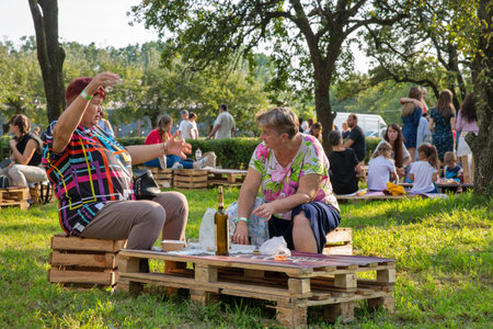 Kyiv, Ukraine - September 11, 2021: People visit Kartuli Fest Georgian Wine Party in National Exhibition Center.のeditorial素材