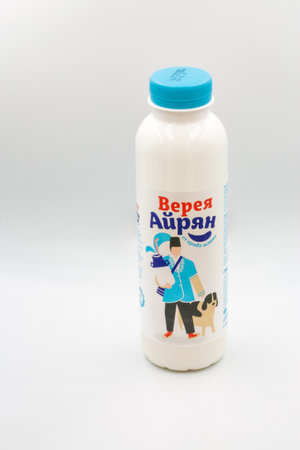 Sophia, Bulgaria - August 02, 2021: Studio shoot of Vereya ayran closeup against white.のeditorial素材