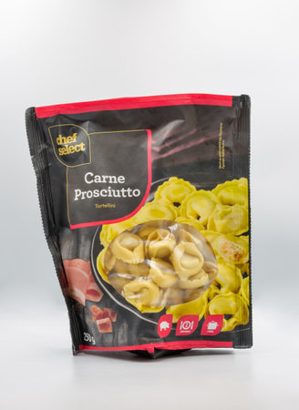 Larnaca, Cyprus - August 05, 2021: Studio shoot of Carne Prosciutto tortellini package closeup on white.のeditorial素材